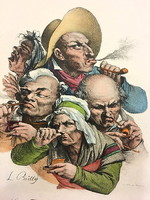 Boilly (1761-1845): grotesque heads / smokers / colored lithography