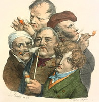 Boilly /1761-1845/: Groteszk fejek/pipások/színezett litográfia,1800-évek