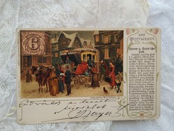 Antik hosszúcímzéses litho/litográfiás művészlap/képeslap a postakocsi érkezése, ló 1900