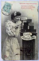 Antique french humorous photo postcard lady with cheese advertising