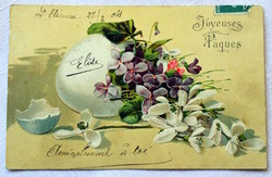 Antique embossed greeting postcard with Easter violet snowdrops