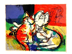 Kortárs művész: Jókedvű macskák, 1992 - színes litográfia, 118/157