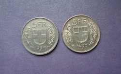 2 x 1933 & 1967 svájci ezüst 5 frank - svájc Ag - 2 db