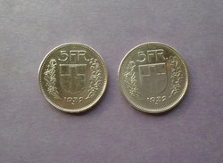 2 x 1932 svájci ezüst 5 frank - svájc Ag - 2 db