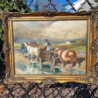 Paul Udvary (1900-1987): on the way home, oil on canvas, 59.5 x80 cm, antique blond picture frame.