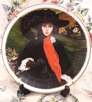 Angol porcelán tányér, biedermeier hölgy portréjával dísztányér, fali tányér (L2164)
