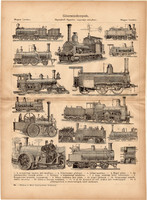 Gőzmozdonyok, egyszín nyomat 1885, Magyar Lexikon, Rautmann Frigyes, gőz, mozdony, vasút, gőzkocsi
