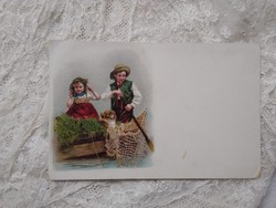 Antique long address litho / lithographic postcard, children, little girl, little boy puppy 1899/1900