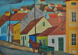 SCHOLZ Erik (1926-1995) festmény, KÉPCSARNOKOS, olaj farost, kerettel 56 x 76 cm, jjl. Scholz