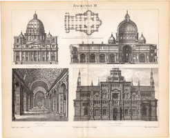 Architecture xi., One color print 1886, German, original, Renaissance, St. Peter's Basilica, Rome, Pavia