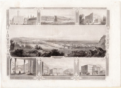 Pesth acélmetszet 1854, metszet, A. Fesca, , Budapest, Pest, Nemzeti Színház, Lánchíd, Városháza