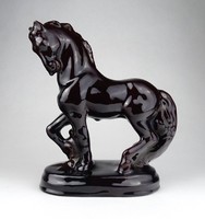 1H684 Régi hibátlan barna mázas kerámia ló szobor 22 cm