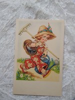 Régi grafikus képeslap kertészkedő kislány szalmakalapban, locsolókanna