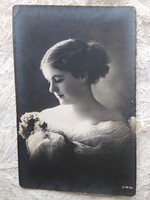 Antique long postcard / photo card, beautiful lady with flowers circa 1900