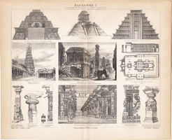Építészet (Amerika - India) I., egy színű nyomat 1886, német nyelvű, eredeti, Ellora, Madura, Mexikó
