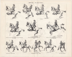 Lovaglás, lovaglóiskola, egyszín nyomat 1907, német nyelvű, eredeti, ló, állat, pezád, díjlovaglás