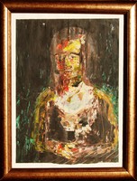 Contemporary artist: portrait of a girl with a painting knife, in red and yellow - oil painting, framed