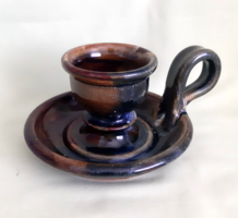 Burnt glazed ceramic candle holder, green-brown