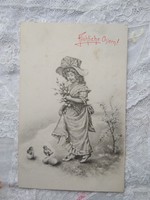 Antik húsvéti képeslap kislány elegáns ruhában, kalapban, csibe, tojás 1908