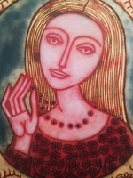 Iparművészeti zsűrizett retro Lány gyöngysorral Lőrincz Vitus tűzzománc