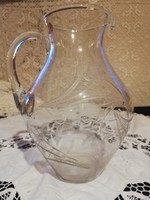 Old engraved glass Czech bohemian jug for sale flawless!
