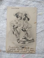 Antik hosszúcímzéses húsvéti képeslap hölgyek elegáns ruhában, kalapban 1900-as évek eleje