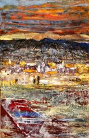 Contemporary artist: riverside town, oil painting with mountains in the background