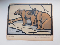 Jenő Haranghy (1894 - 1951) colored linoleum engraving 1910s. Bears from the Budapest Zoo.