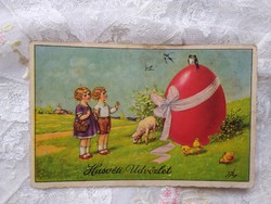Régi grafikus gyerekmotívumos húsvéti képeslap kislány, kisfiú, bárány, piros tojás
