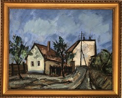 Makra János (1920-1991) “Öreg házak” c. 65x79 cm Képcsarnokos olajfestménye