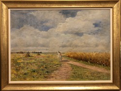 Urhegyi Alajos (1871 - ) “Mezőn” c. 43x57 cm olajfestménye