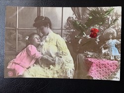 Karácsonyi képeslap, anya-lánya, meghitt, karácsonyfa …. 1907.