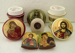 5 db-os régi vintage keresztény vallási csomag asztali utazó ikon oltár Jézus Krisztus Szűz Mária