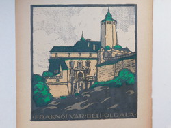 Cselényi Elemér (1892, Budapest – ?) Színes linómetszet,Fraknói vár 1910-es évek.