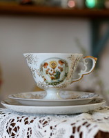 RAR! Gyönyörű porcelán csésze trió, elsőáldozási vagy bérma ajándék, hibátlan, ajándéknak is kiváló