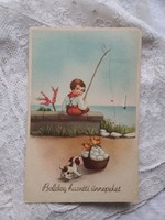 Régi grafikus húsvéti képeslap kisfiú, horgászat, tó, vitorlás, kiskutya, tojások