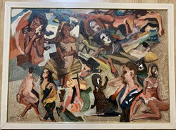 Oil painting homo ludens (1996) by mihály Schéner (1923-2009) / 93x130 cm /