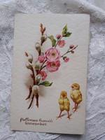 Régi érdekes erezett felületű litho/litográfiás húsvéti képeslap csibe, barka, rózsa
