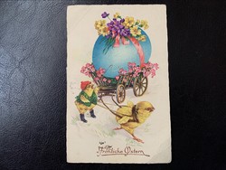 Húsvéti üdvözlőlap 1934. csibe, szekér, tojás, virág
