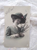 Antique tinted Easter photo / postcard with lady hat, catkin 1910