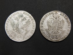 2 db I. Ferenc 20 krajczár együtt, Gyulafehérvár 1825 E és 1803 A