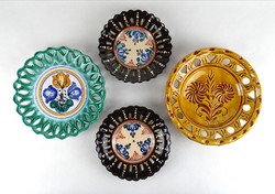 1H750 ethnographic mixed openwork Vásárhely Habán-style ceramic wall plate 4 pieces