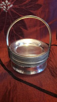 Régi ezüstözött tányérka, poháralátét szett tartóval (M2179)