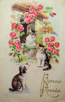 Régi grafikus cicás kutyás üdvözlő képeslap Újévi