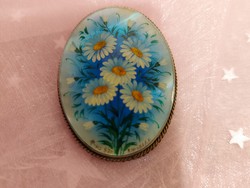 Old Russian mother-of-pearl brooch painted by hand
