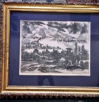 János Pleidell: big Danube flood, etching, 61x53 cm frame