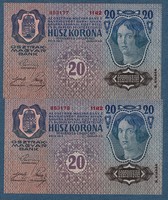 20 Korona 1913 II. Kiadás UNC  sorszám követő páros Bélyegzéssel