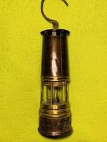 Antique i.E.S.-G.D.G brand copper and iron mining lamp with serial number 102, lambert crystal glass