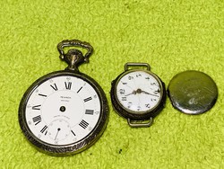 Working hunter's pocket watch decorated with relief, brand: pevanda, and 1 silver women's cylinder watch