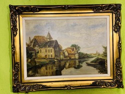 Dimensional 76 x59 cm antique blonder frame very well painted waterfront street view, oil on canvas painting